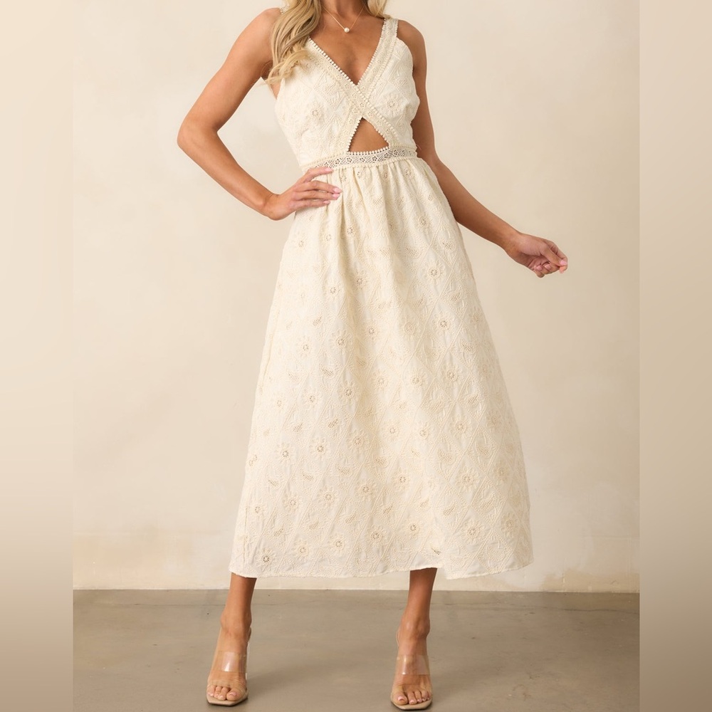Just Me Cream Eyelet Midi Dress with Cutout Bodice